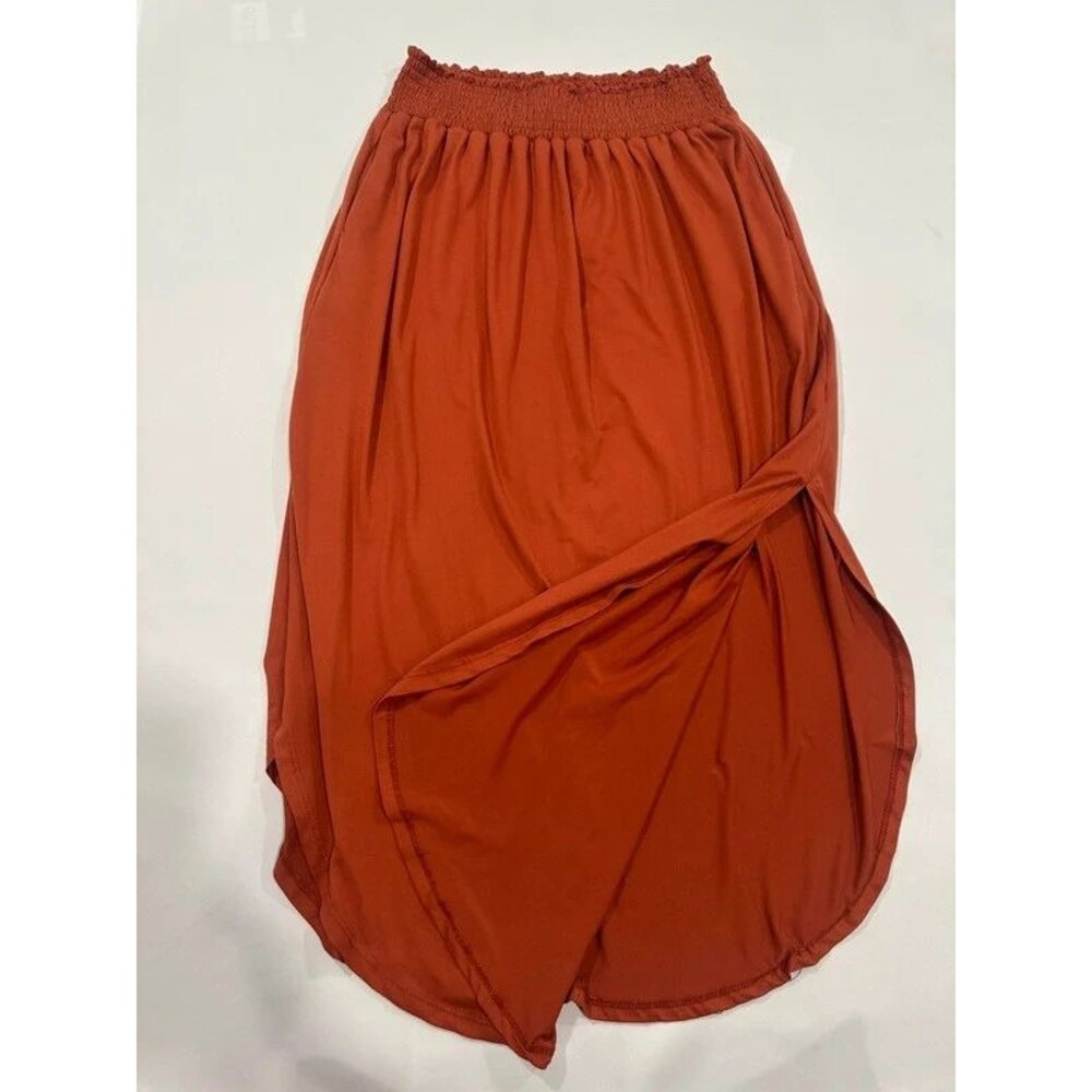 Orange Rust Long Rounded Hem Maxi Skirt Pockets Stretchy Size Large Fall Casual